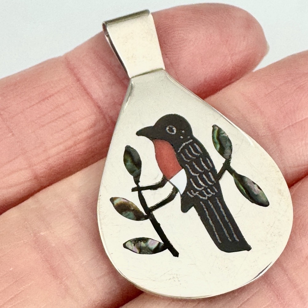 Zuni‎ Inlay Bird Pendant 1.5in Robin Edaakie Turquoise Sterling Animal Native